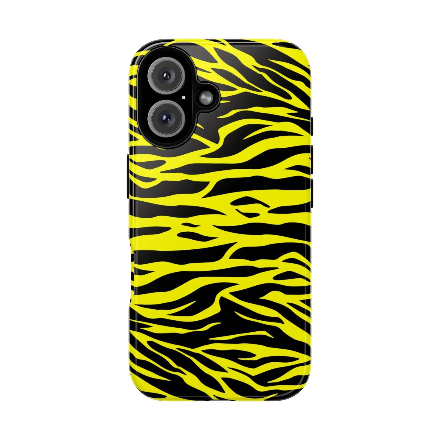 Back side of a vibrant yellow wild tiger print phone case cover with a glossy finish and black tiger print pattern