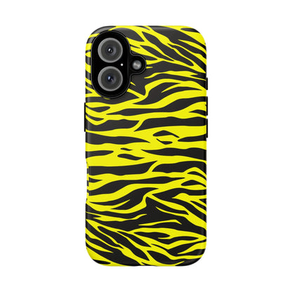 Back side of a vibrant yellow wild tiger print pattern phone case with sleek modern design and black zebra stripes