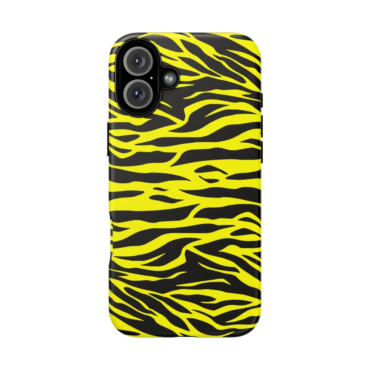 Back side of a vibrant yellow wild tiger print phone case cover with bold black tiger print pattern design