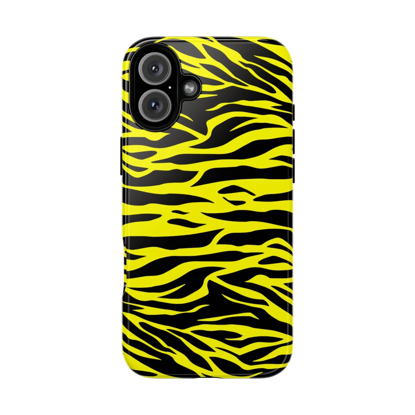 Back side of a phone case cover with vibrant yellow wild tiger print tiger stripe pattern design