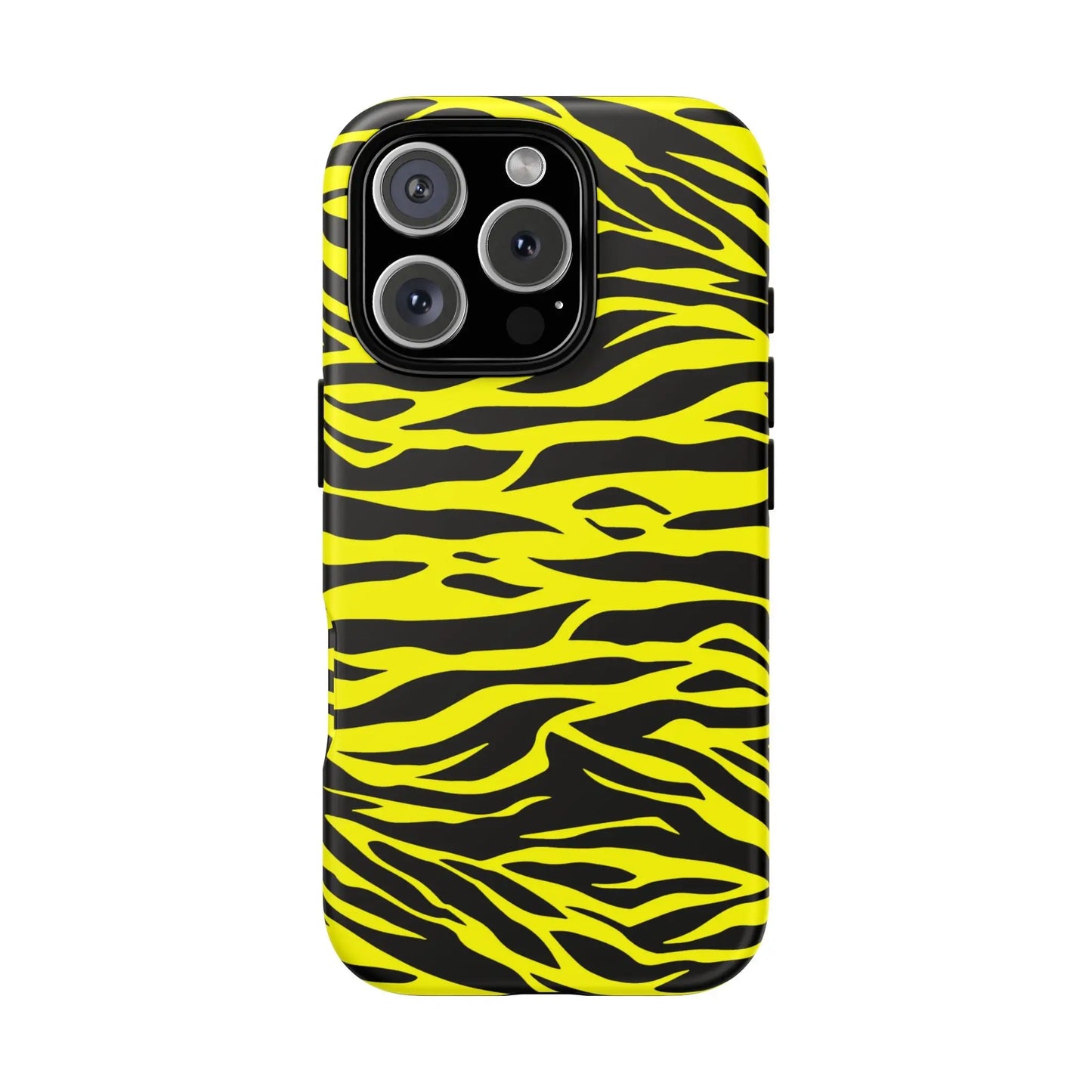 Back of vibrant yellow wild tiger print phone case cover with glossy finish and bold tiger print pattern