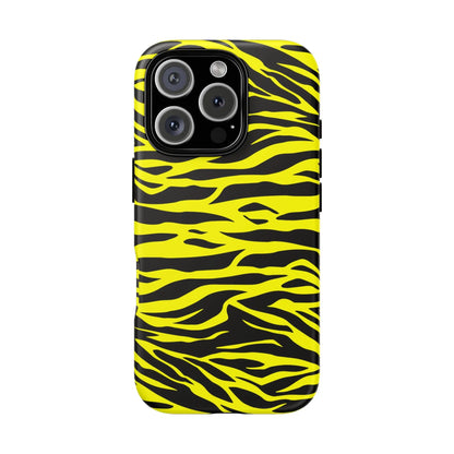 Back of vibrant yellow wild tiger print phone case cover with glossy finish and bold tiger print pattern