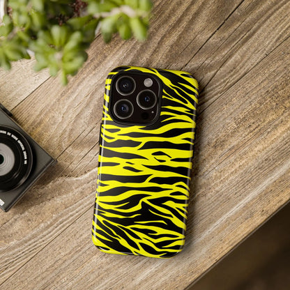 Back side of a vibrant yellow wild tiger print phone case cover with black tiger print pattern stripes