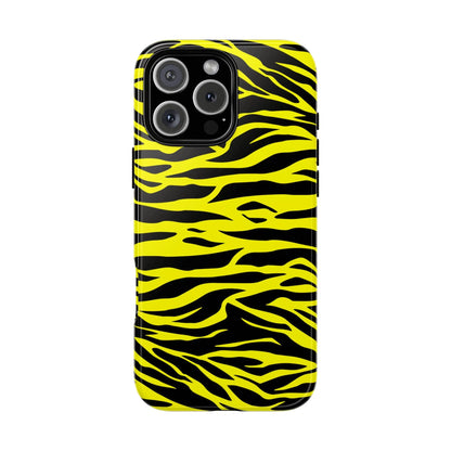 Back side of a yellow wild tiger print pattern phone case cover with vibrant yellow and black tiger stripes