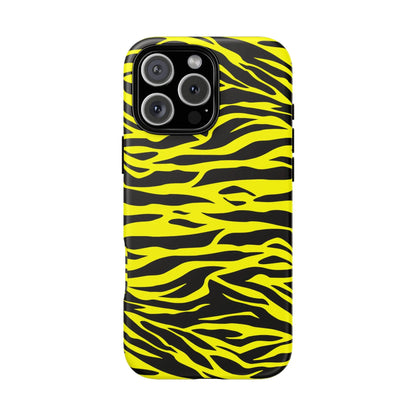 Back side of a vibrant yellow wild tiger print pattern phone case cover with black tiger stripes for protection