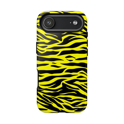 Yellow wild tiger print phone case cover with vibrant yellow and black tiger print pattern on the back side
