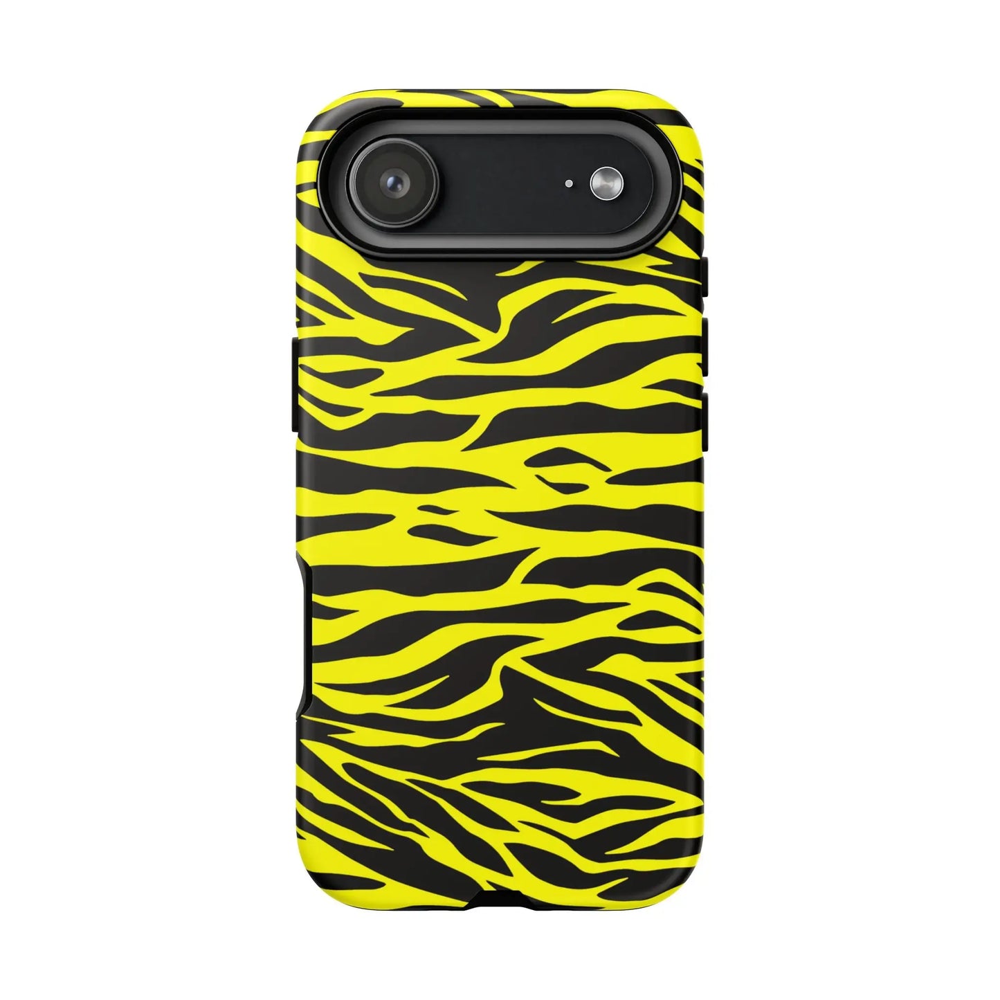 Back side of a vibrant yellow wild tiger print phone case with sleek protective design and black zebra stripes