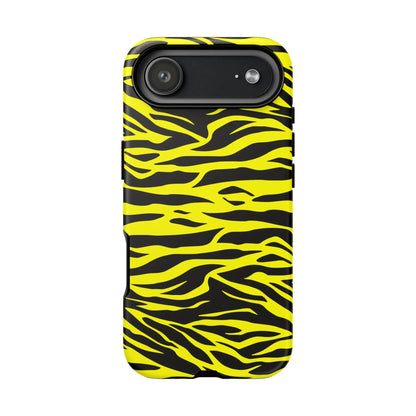 Back side of a vibrant yellow wild tiger print phone case with sleek protective design and black zebra stripes