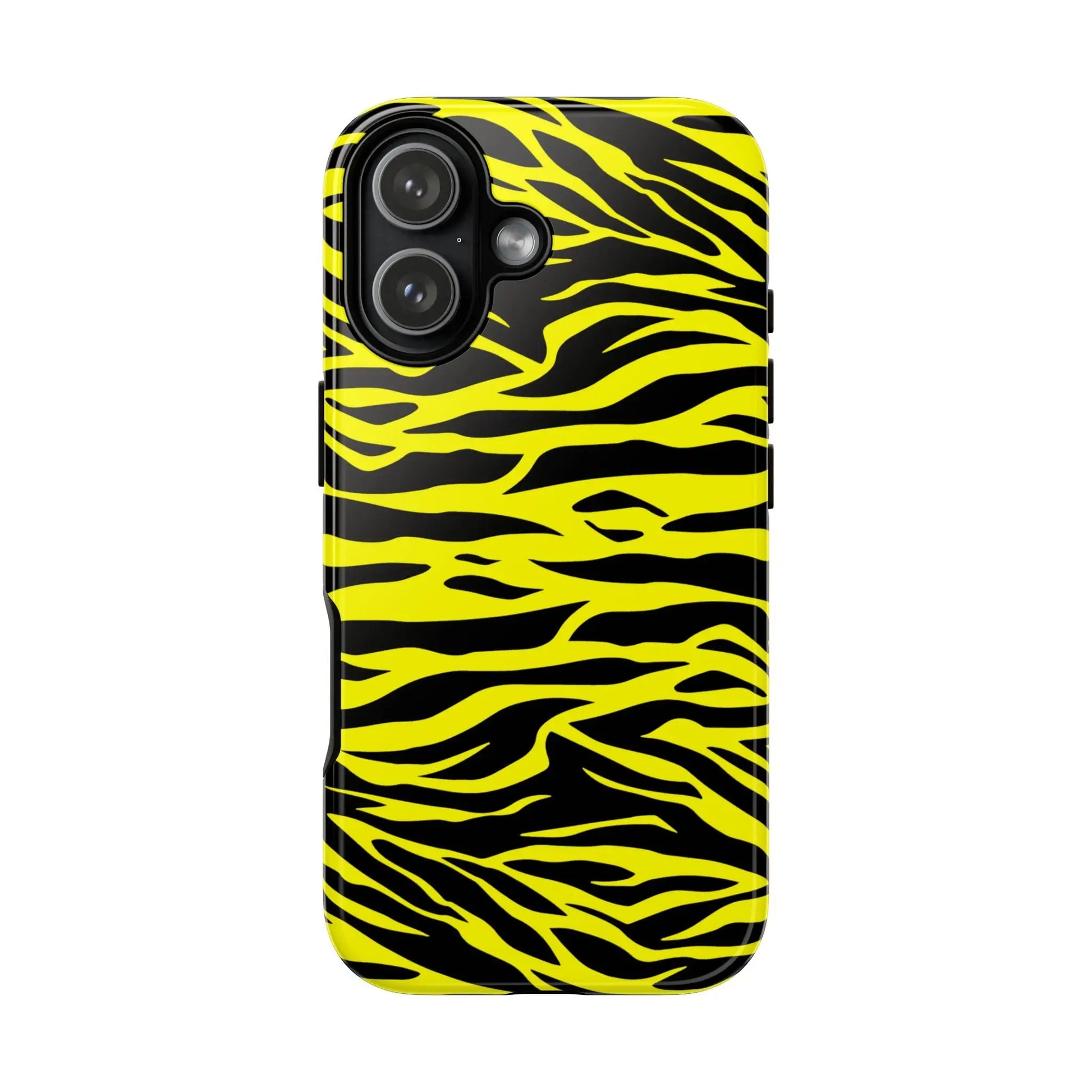 Back side of a vibrant yellow wild tiger print pattern phone case cover with bold black tiger stripes