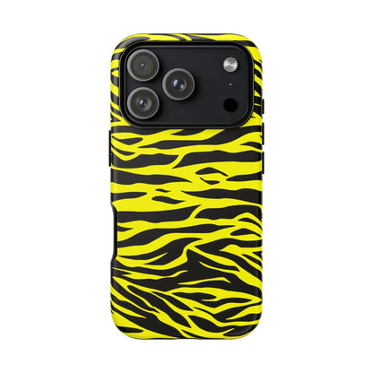 Yellow wild tiger print phone case back showing vibrant yellow and black tiger print pattern with bold graphic design