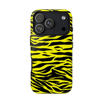 Yellow wild tiger print phone case cover showing back side with vibrant yellow and black zebra-striped tiger print pattern