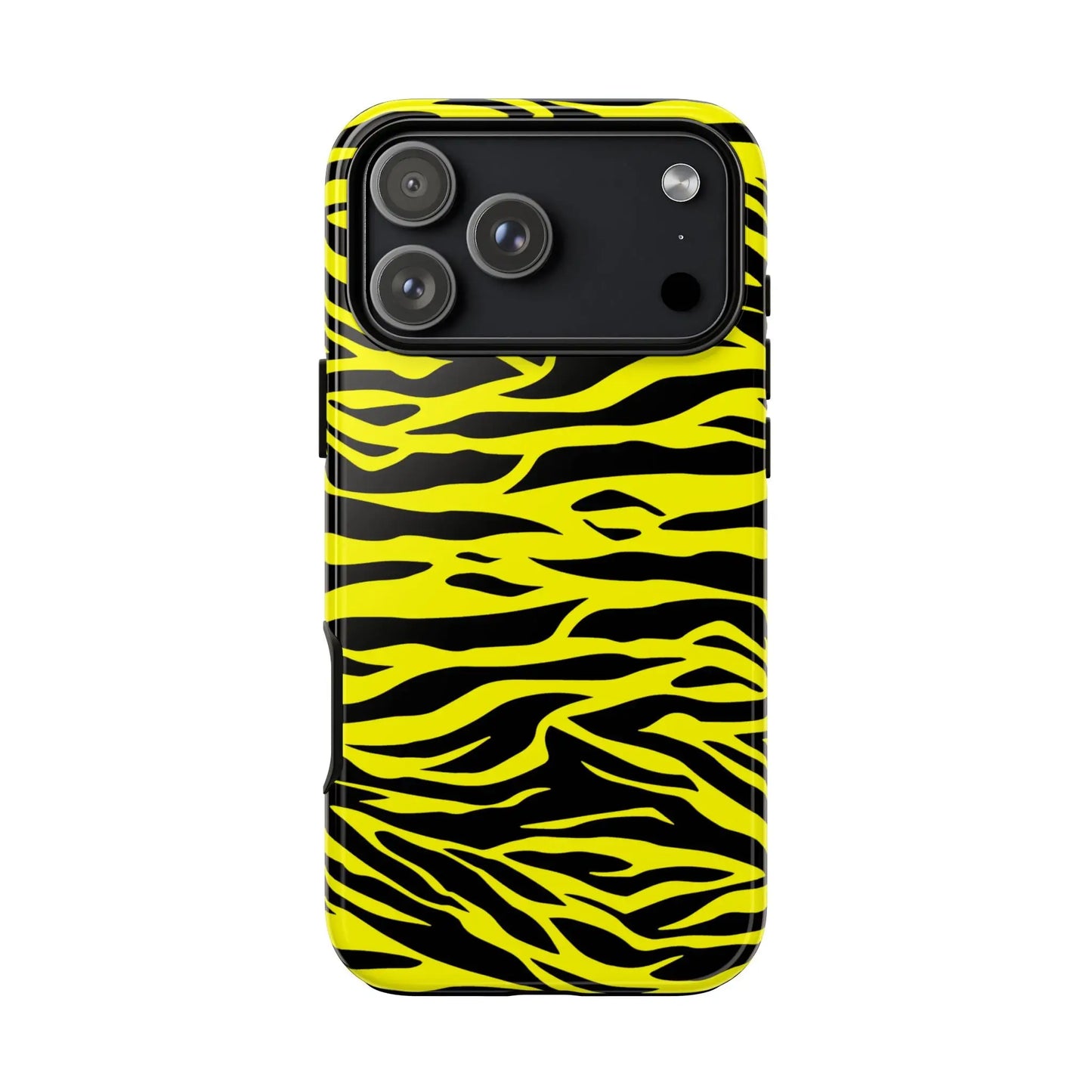 Back side of a vibrant yellow wild tiger print phone case with glossy finish and bold black tiger print pattern