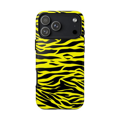 Back side of a vibrant yellow wild tiger print phone case with glossy finish and bold black tiger print pattern