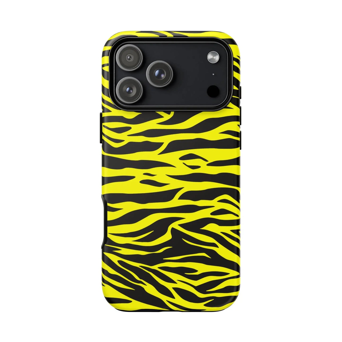 Back view of a vibrant yellow wild tiger print phone case with sleek protective design and black tiger print pattern