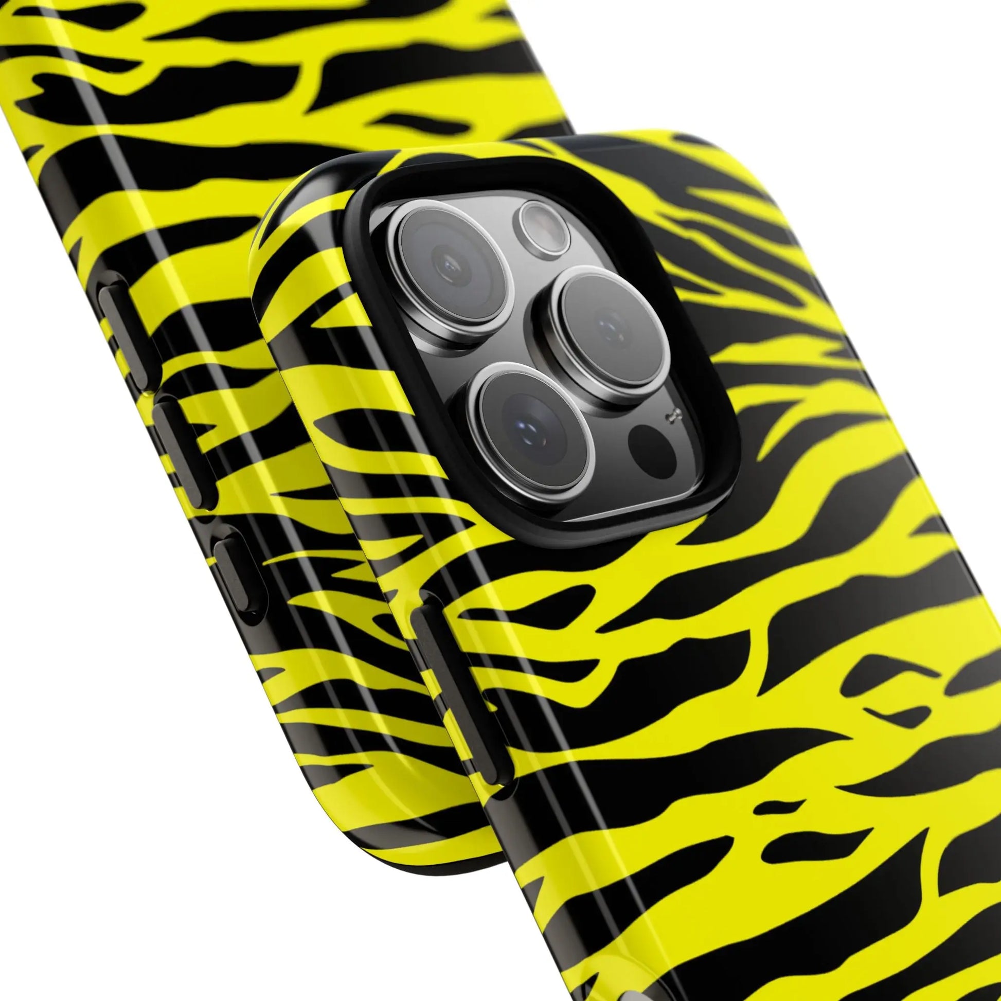 Back side of a vibrant yellow wild tiger print phone case cover with a glossy finish and black tiger print pattern