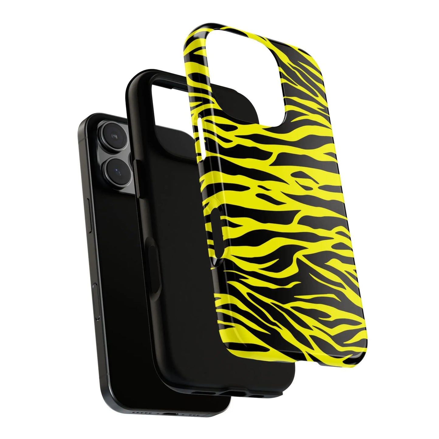 Back side of a yellow wild tiger print phone case cover with vibrant black stripes and a glossy finish