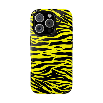 Yellow wild tiger print phone case cover with vibrant yellow and black tiger print pattern on the back side