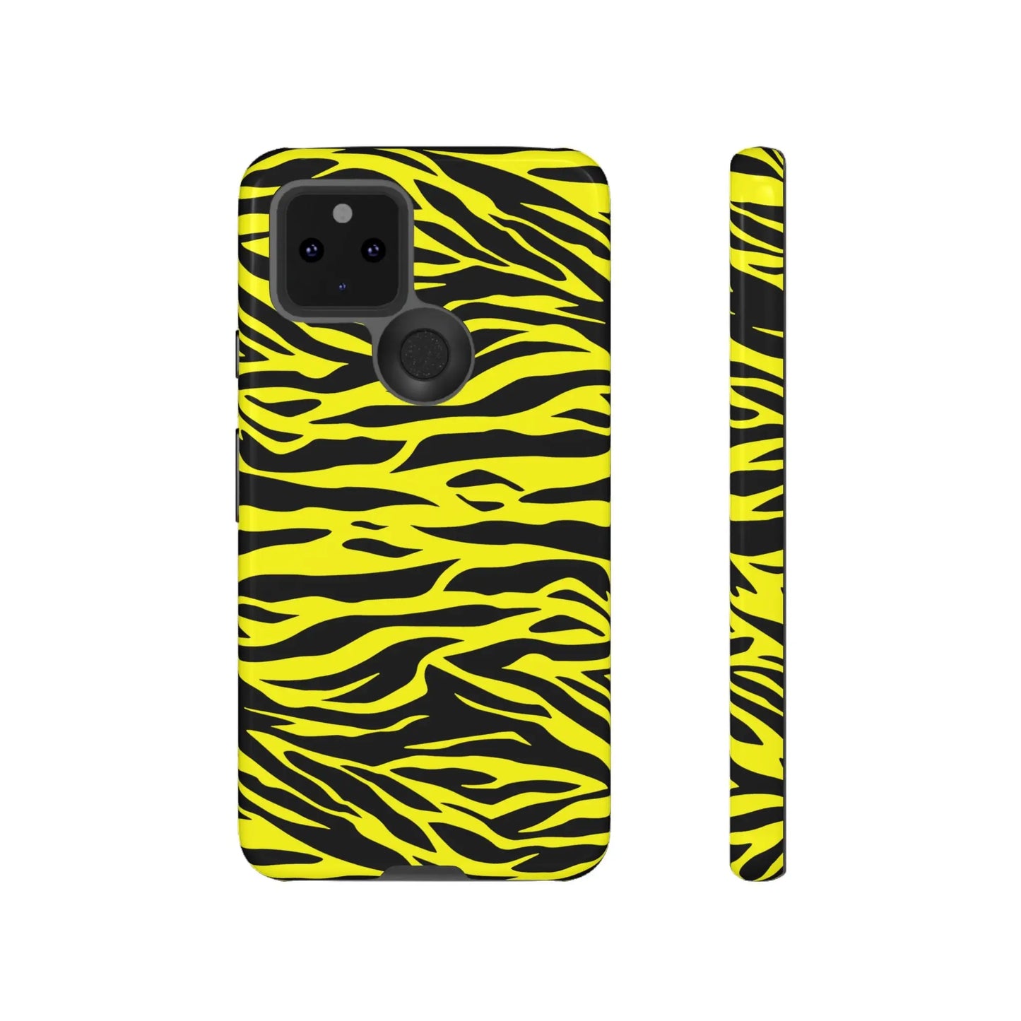 Back side of a sleek yellow wild tiger print phone case cover with vibrant black tiger print pattern for protection