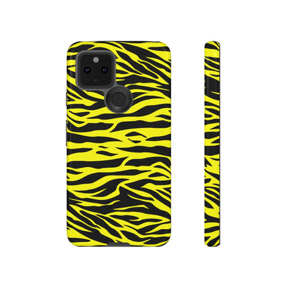 Back side of a sleek yellow wild tiger print phone case cover with vibrant black tiger print pattern for protection