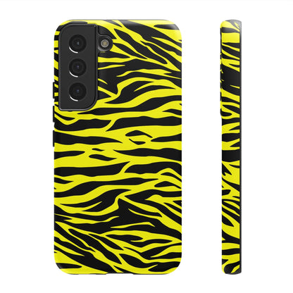 Back side of a vibrant yellow wild tiger print pattern phone case cover with bold black tiger stripes