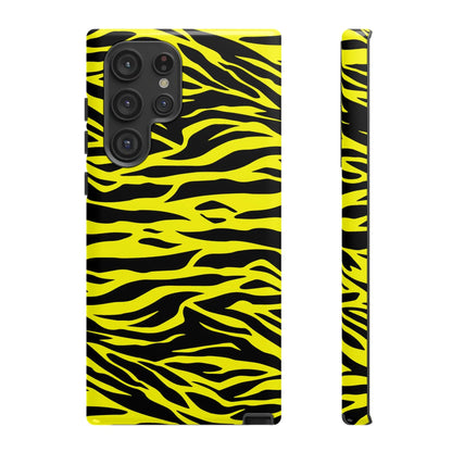 Yellow wild tiger print phone case cover with vibrant yellow and black tiger print pattern on the back side