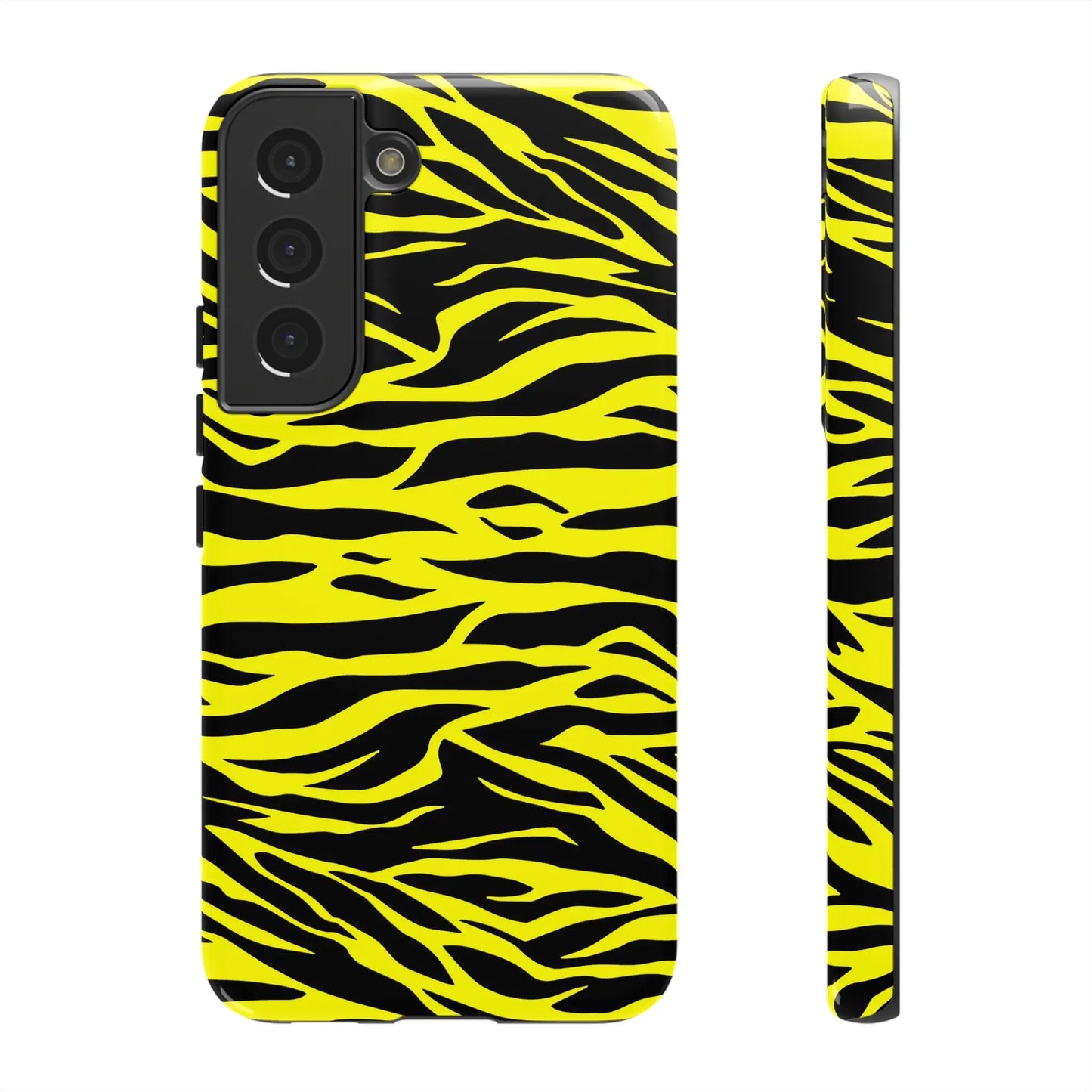 Back view of a vibrant yellow wild tiger print pattern phone case for samsung galaxy s21 with bold black stripes