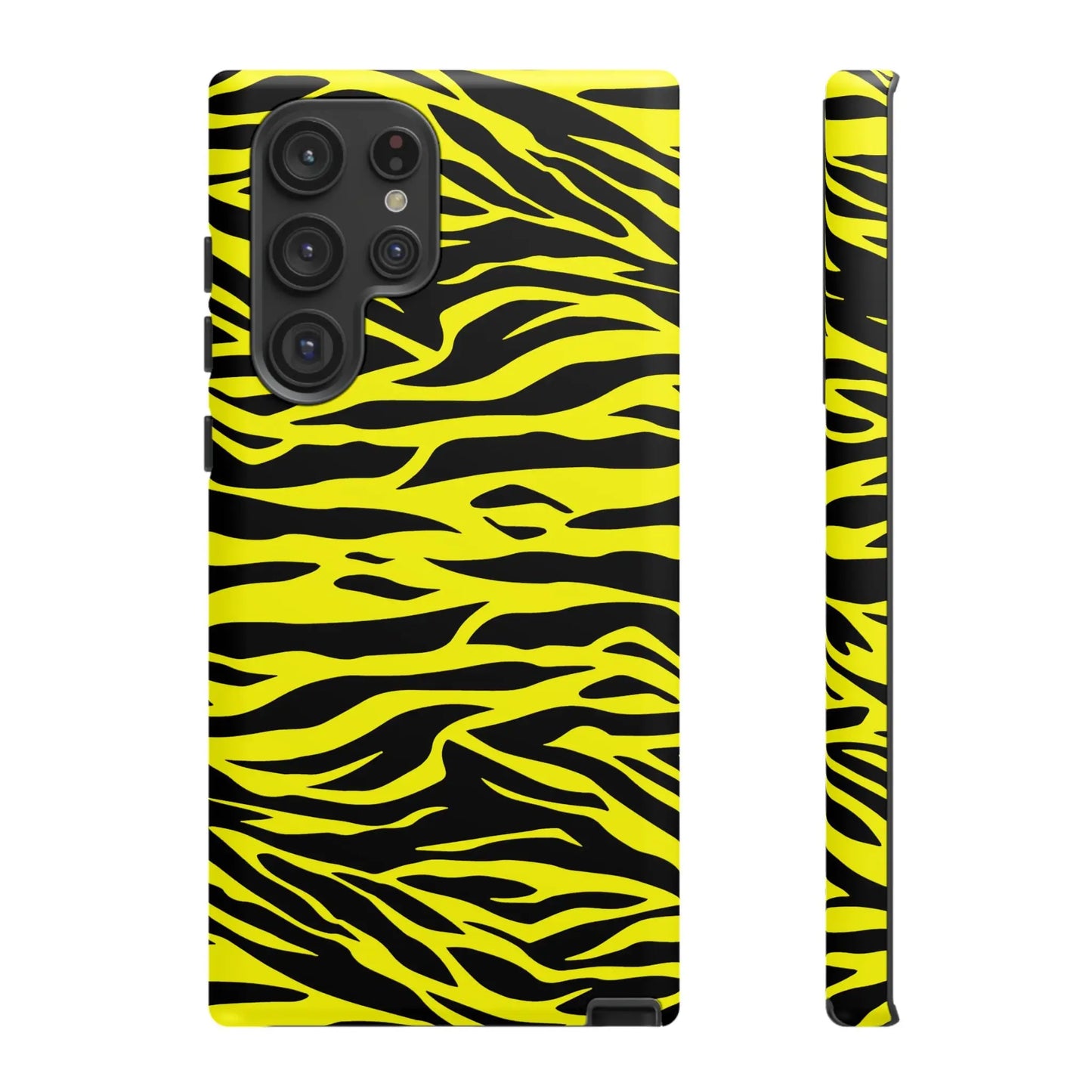 Yellow wild tiger print phone case cover showing the back side with vibrant yellow and black tiger print pattern