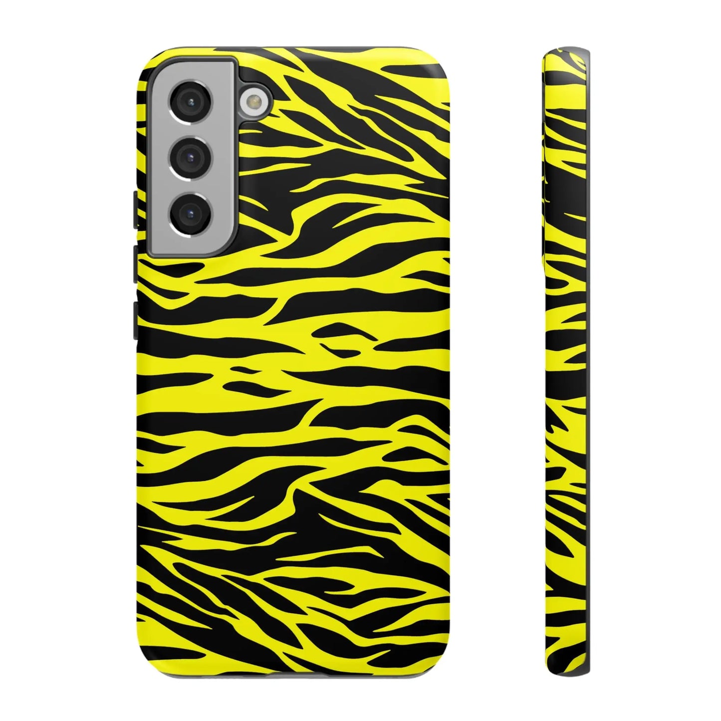Back side of a vibrant yellow wild tiger print pattern phone case cover with bold black tiger stripes