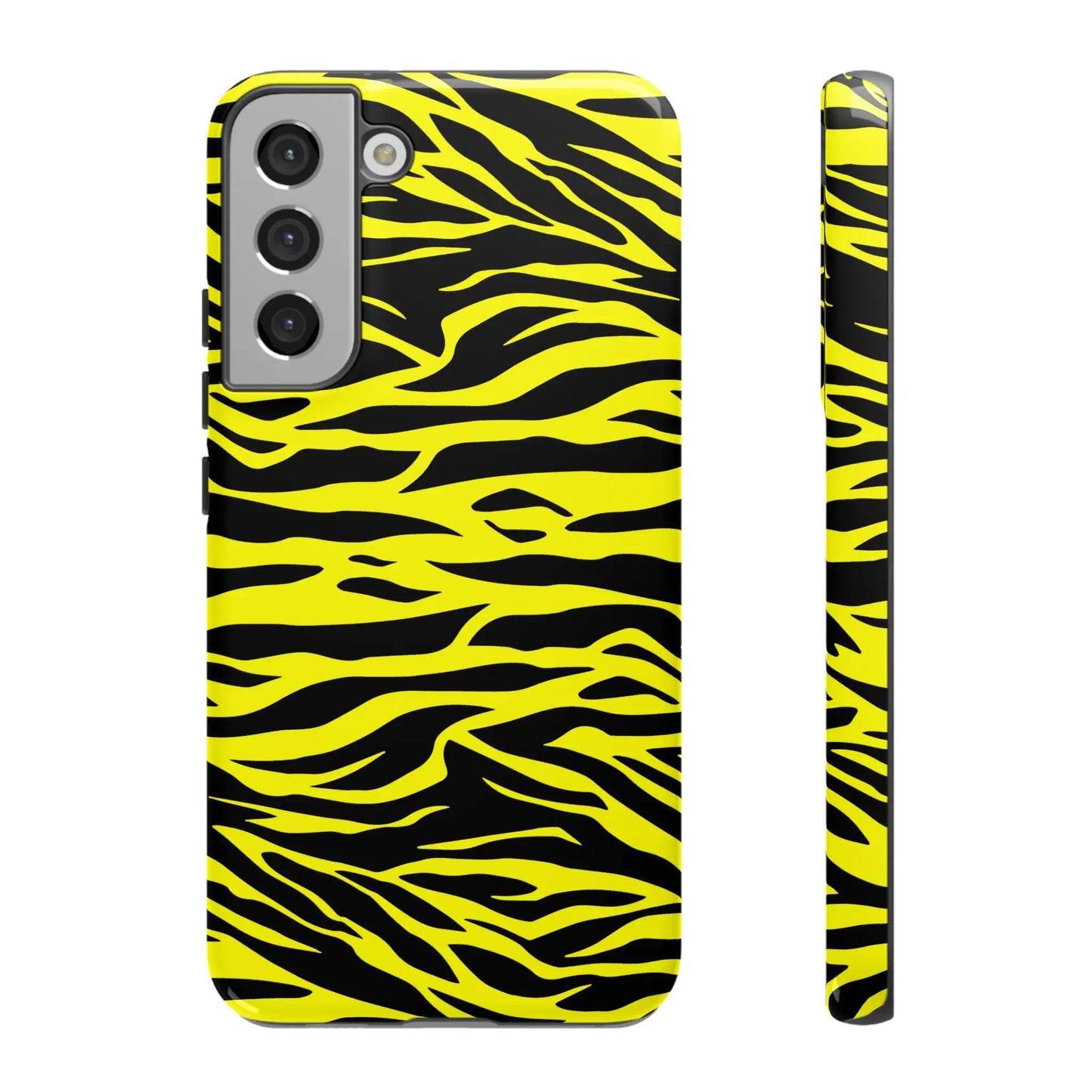 Yellow wild tiger print pattern phone case cover for samsung galaxy s21 series with vibrant yellow and black zebra stripes back side