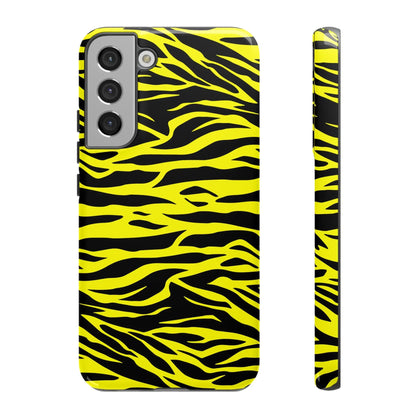Yellow wild tiger print pattern phone case cover for samsung galaxy s21 series with vibrant yellow and black zebra stripes back side