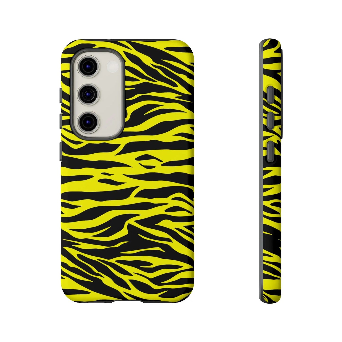 Back side of a vibrant yellow wild tiger print pattern phone case cover with bold black tiger stripes
