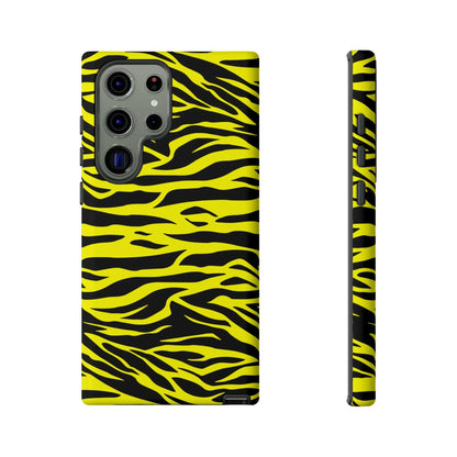 Backside of a vibrant yellow wild tiger print phone case cover with black tiger print pattern design