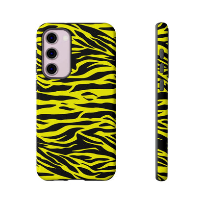 Back side of a phone case cover featuring vibrant yellow wild tiger print pattern with striking black stripes