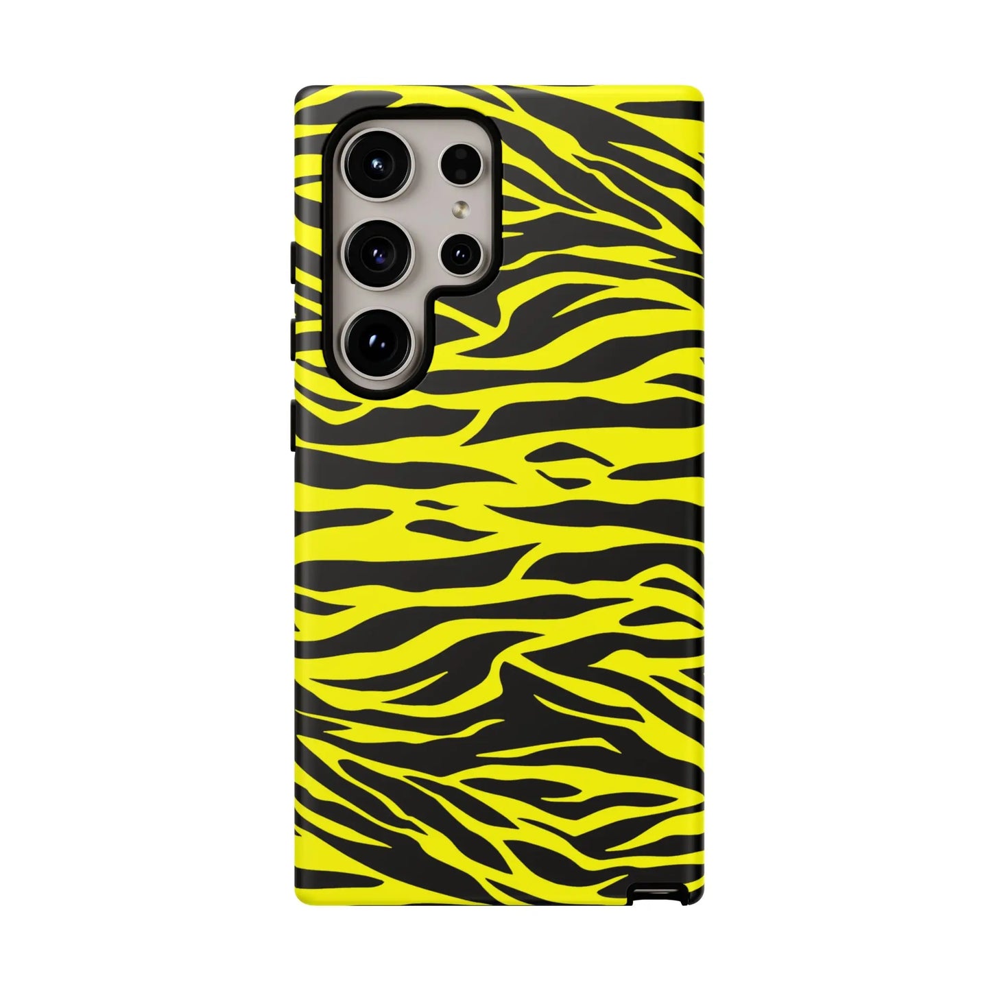 Back view of yellow wild tiger print phone case cover for samsung galaxy s21 ultra with vibrant tiger print pattern