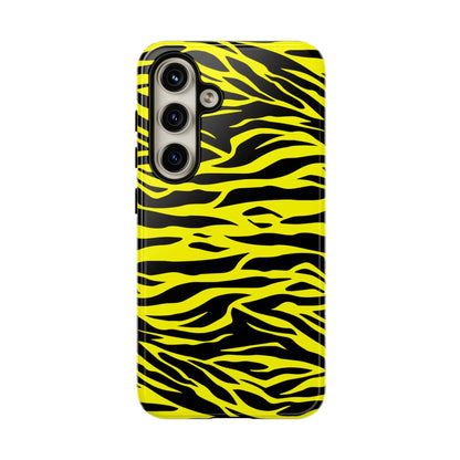Back side of a phone case cover featuring a vibrant yellow wild tiger print pattern with black tiger stripes