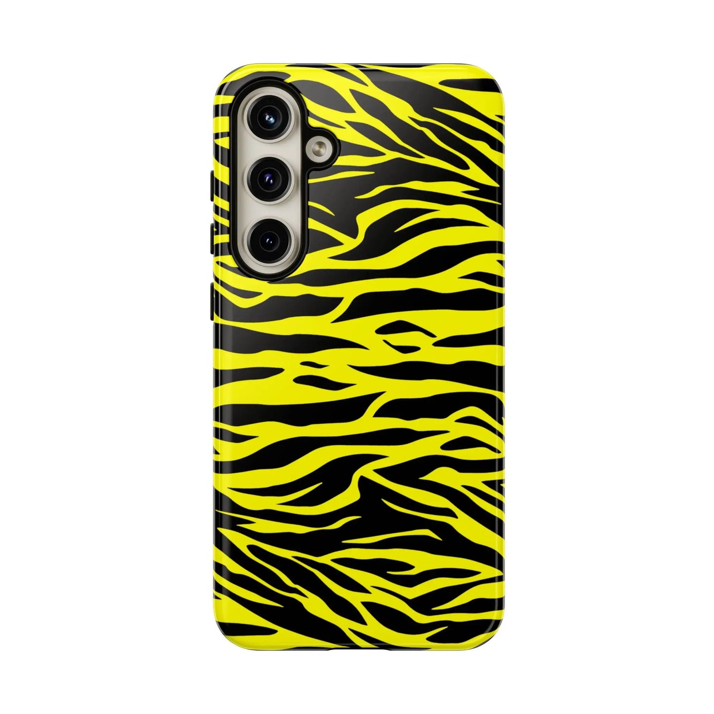 Back side of a vibrant yellow wild tiger print phone case cover featuring black tiger print pattern design