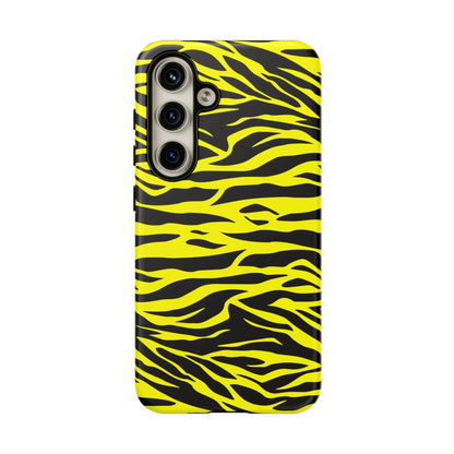 Back side of a vibrant yellow wild tiger print phone case cover with black tiger print pattern design