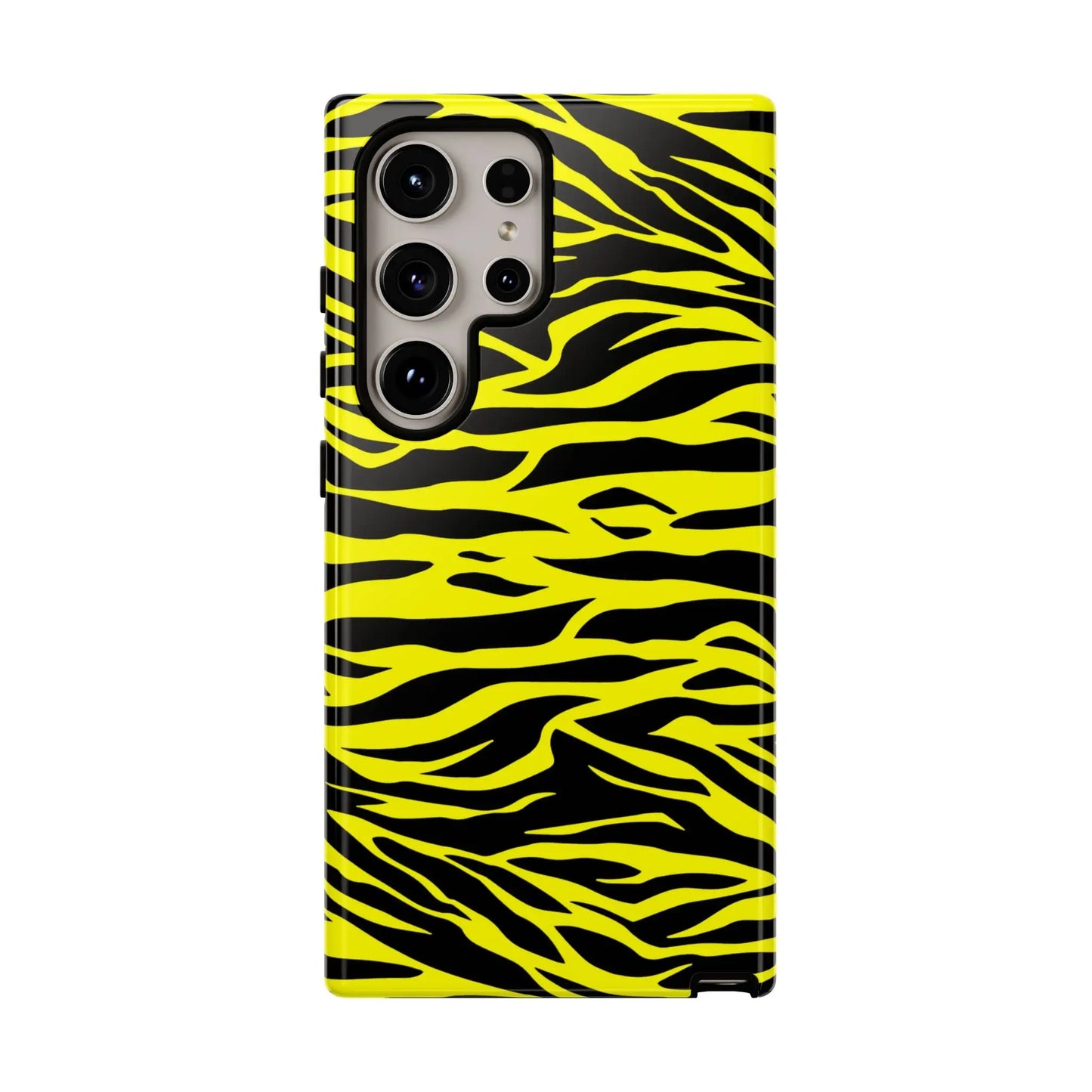Back side of samsung galaxy s21 ultra phone case with vibrant yellow wild tiger print pattern cover design