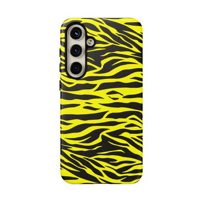 Back side of a vibrant yellow wild tiger print pattern phone case cover with black tiger stripes design