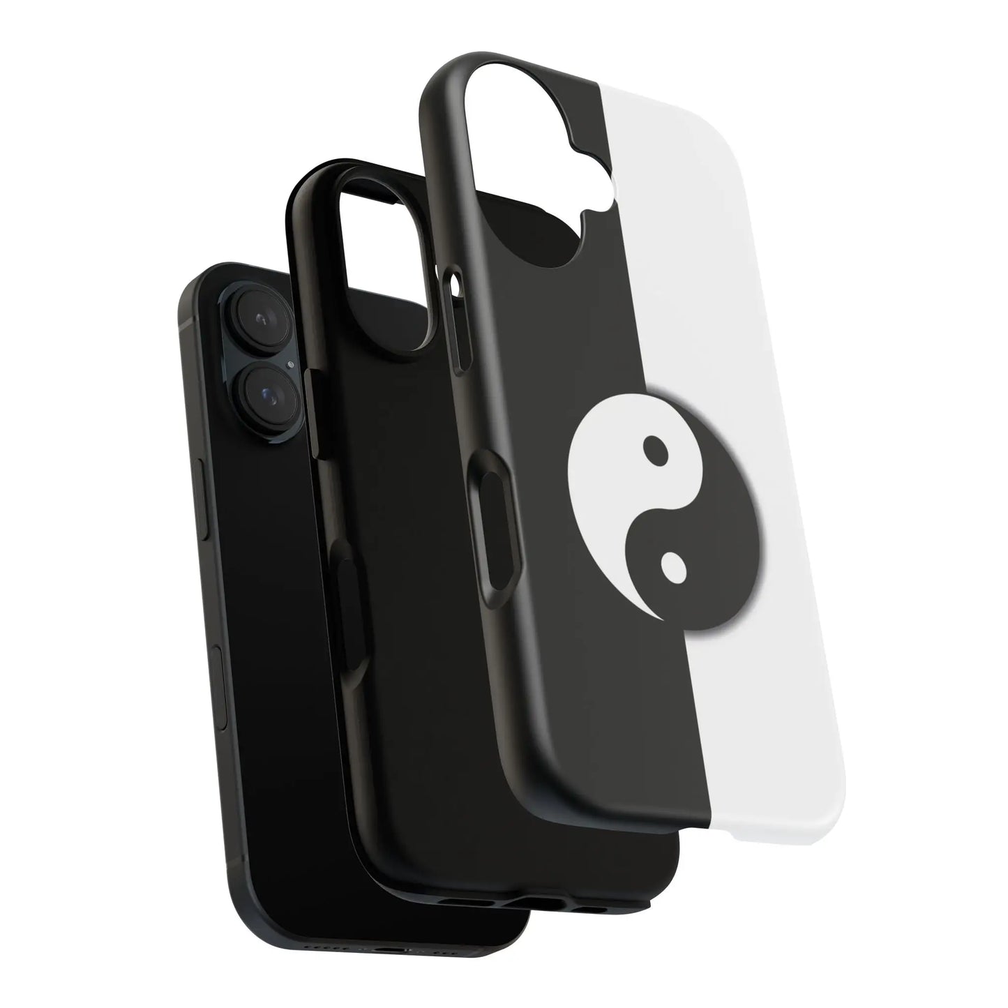 Black and white yin yang phone case with glossy finish shown from the back for tough phone protection