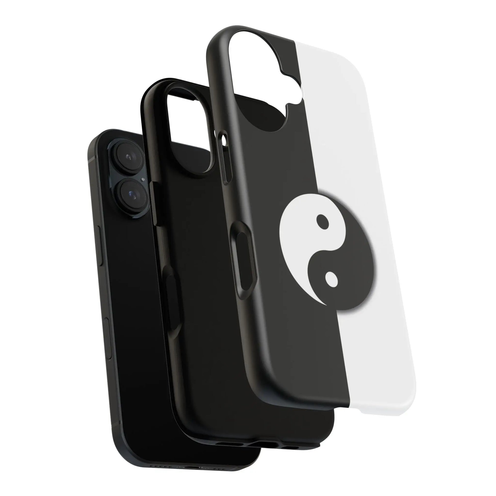 Black and white yin yang phone case with glossy finish shown from the back for tough phone protection