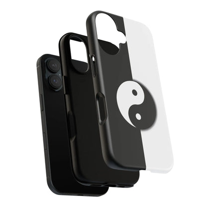 Black and white yin yang phone case with glossy finish shown from the back for tough phone protection