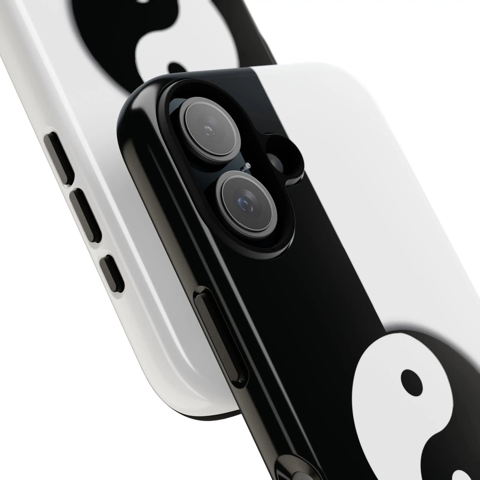 Back side of a glossy tough case featuring a black and white yin yang phone case design with durable protective material
