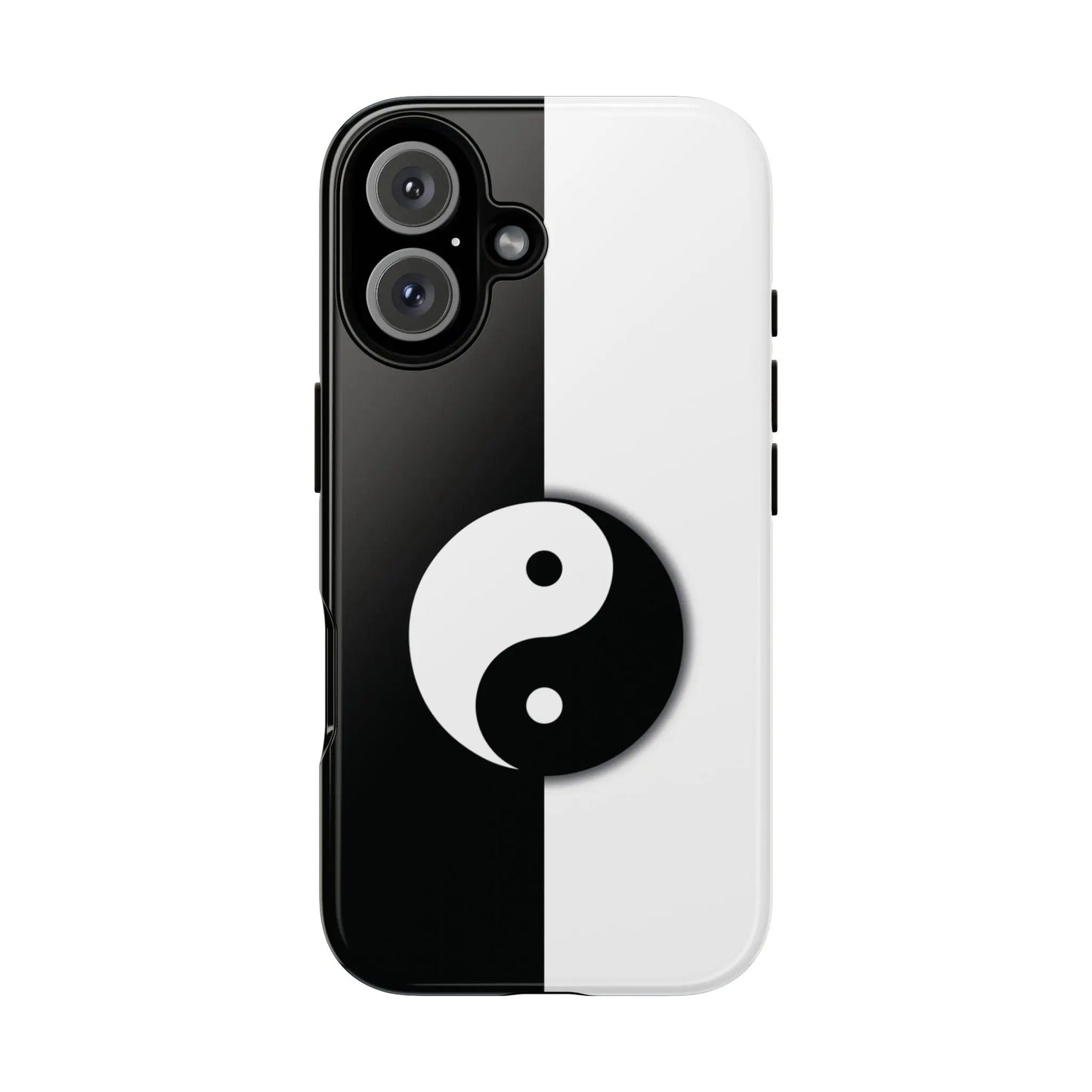 Back view of a tough yin yang black and white phone case featuring a central yin yang symbol on a split-color background