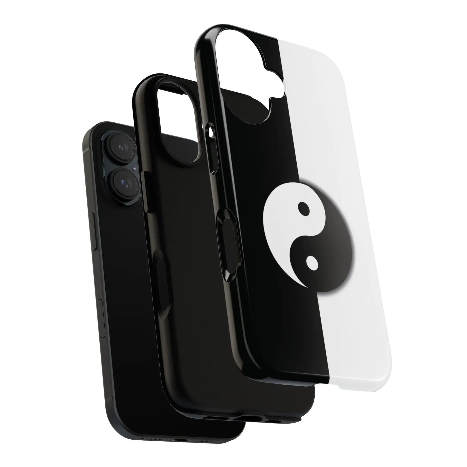 Back side of a glossy yin yang black and white phone case with tough durable finish designed for everyday use