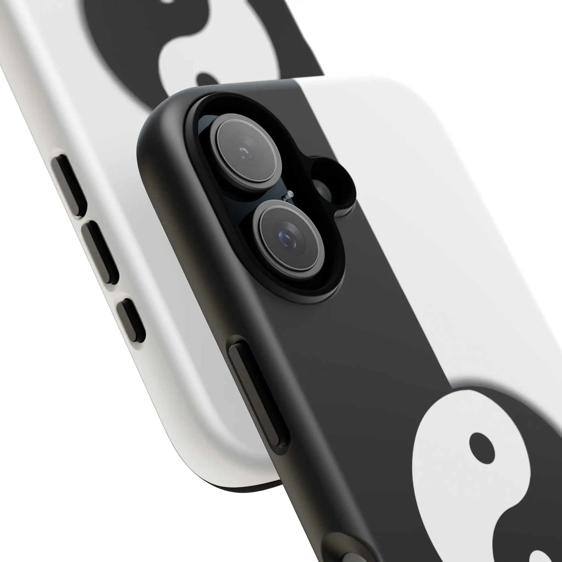 Back side of a tough black and white phone case featuring a yin yang black design
