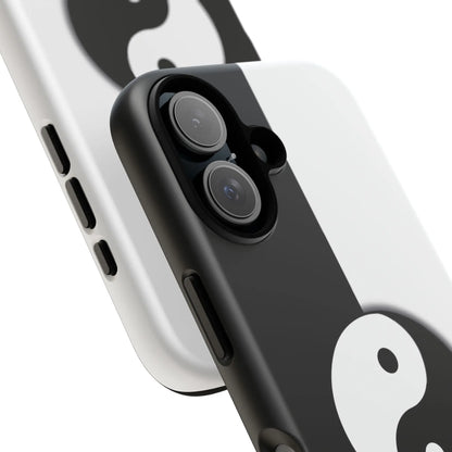 Back side of a tough black and white phone case featuring a yin yang black design