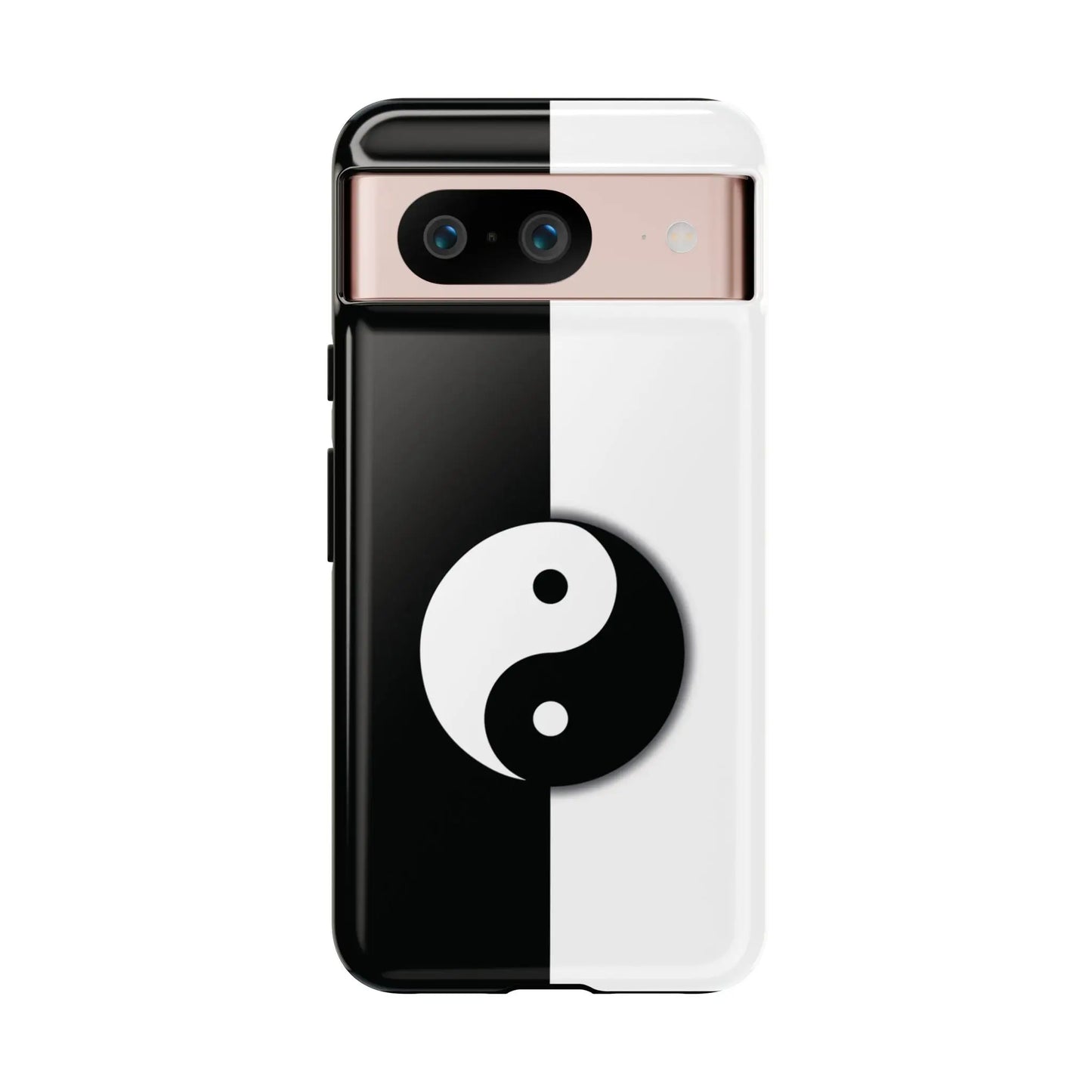 Back side of a sleek glossy tough phone case featuring yin yang black and white phone case design