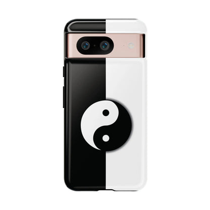Back side of a sleek glossy tough phone case featuring yin yang black and white phone case design