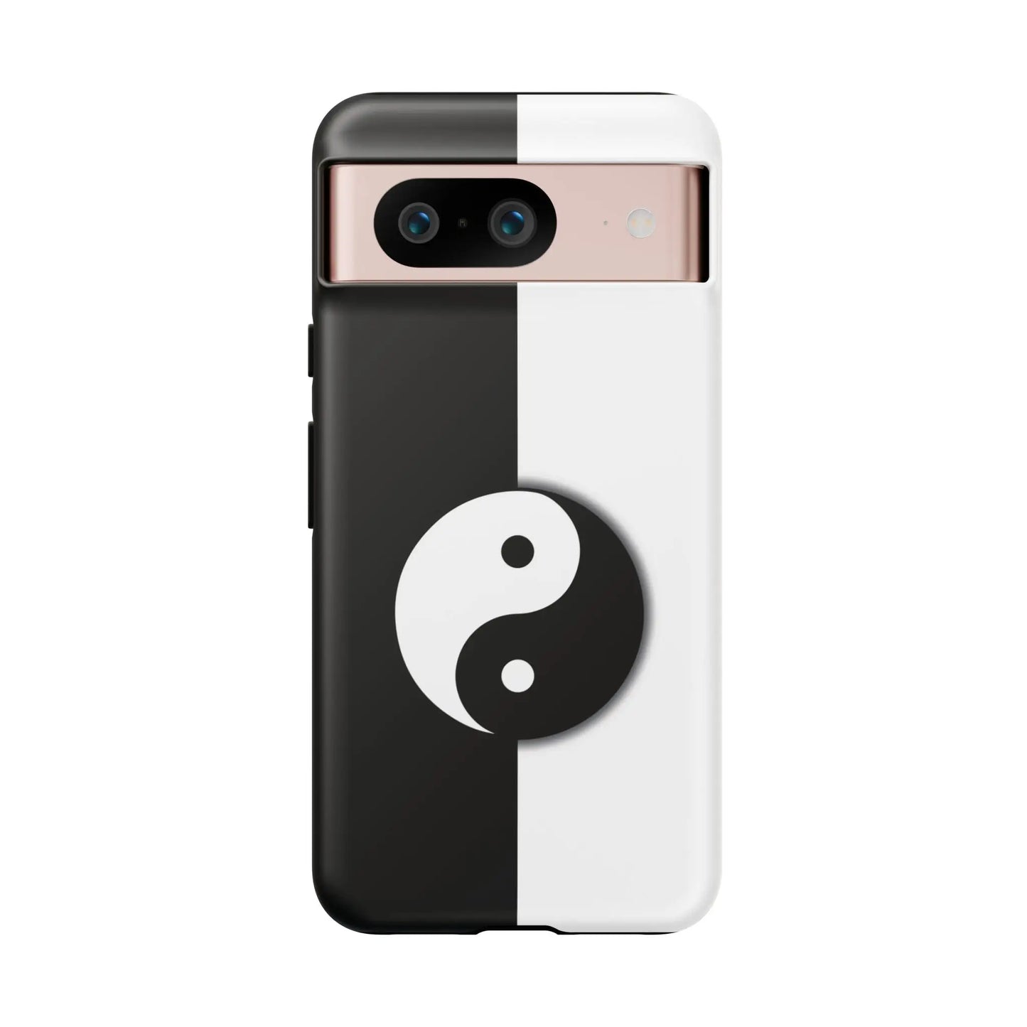 Back of a tough yin yang black and white phone case with a sleek minimalist design and durable material